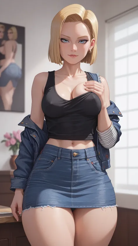 (date:20250222, By:Joulios)  Android 18, And18, girl, woman, curvy, athletic body, bob haircut, blonde, ((Anatomically Perfect)(a perfect body)(sexy beautiful girl)((breast, wide hips, thick thighs:1.2, waist))(slutty face, slutty look) ((tight denim skirt...