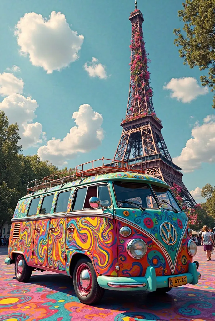 volkswagen combi psychedelic color in paris, the eiffel tower  is  with flowers 