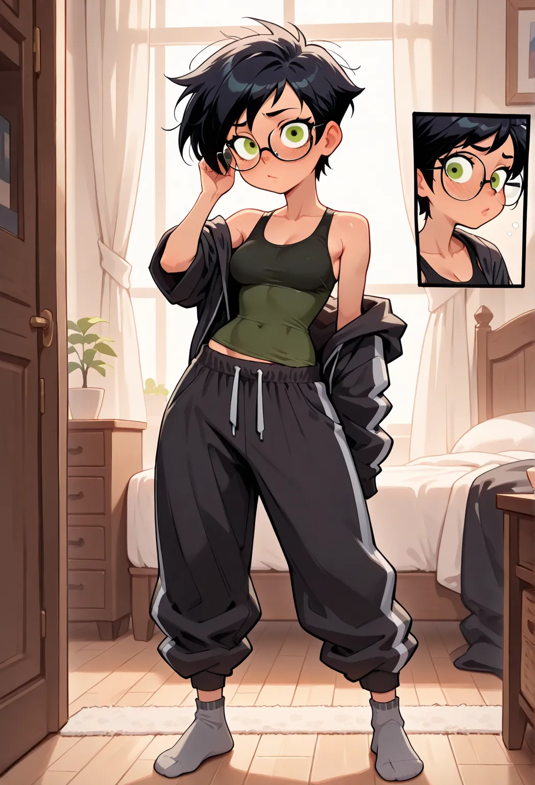 masterpiece,best quality,absurdres, (close-up:1.2), ((1girl)), dani phantom, petite female, smaller female, medium breasts, hips, short hair, black hair, messy hair, ((tomboy clothing)), disheveled clothes, green eyes, ((baggy black tank top, glasses)), ((...