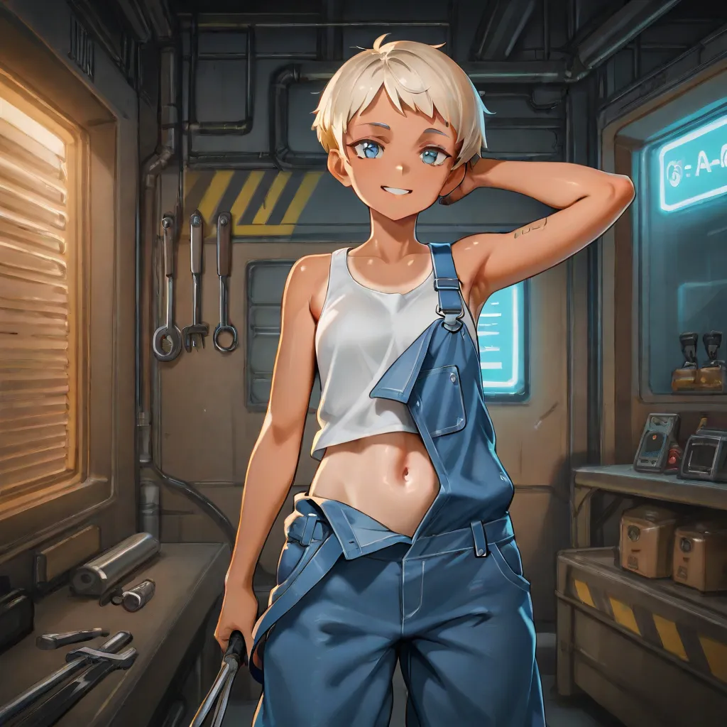 1girl, tanned skin, short hair, smile, repairman, (futuristic), garage, overalls, tank top, ((navel)), (big boobs), cyberpunk, bare abdomen, standing, tomboy, 