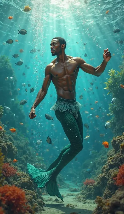 Hyperrealistic photorealistic handsome hunky slender shirtless green male version of little mermaid. African American.. dancing with some fishes.. underwater scene 