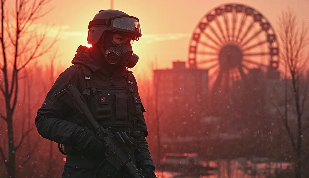 A militarized girl in black military clothes wearing a bulletproof vest wearing a special forces helmet,  holding a sniper rifle .  The girl is wearing a gas mask , a girl walks through the abandoned city of Pripyat. The background shows old buildings and ...