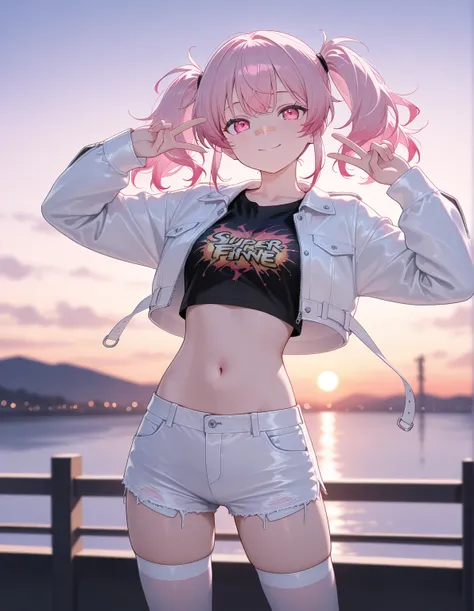 super fine illustration, vibrant colors, masterpiece, sharp focus, best quality, depth of field, cinematic lighting, ultra detailed, emotional smile, navel, stomach, thin, twin tails, blue and pink hair, pink eyes, cropped jacket, white leather jacket, cut...