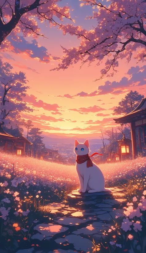 A tranquil anime landscape at sunset, with the sky painted in shades of orange, pink, and purple. A vast field of cherry blossoms stretches into the distance, their delicate petals drifting gently in the breeze. A small stone path winds through the field, ...