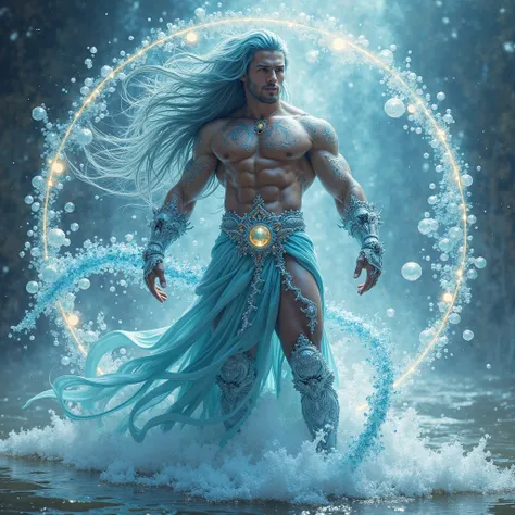 Full Body photorealistic incredibly handsome beautiful 20 year old male extreme body builder as Celestial being, with long sea blue flowing hair. the God of water , Wearing silver and aquatic jeweled costume. His body was covered with bursting watery aura,...