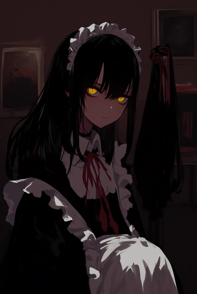 Short black hair girl,with yellow eyes a little going in an outward direction, with a maid costume, skunk tail, anime style, Who has an expressionless look, that the image focuses on his face, Let it be a dark environment