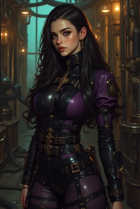 best quality, highres, 4k, 8k, amazing quality, Photo full portrait of photo real. black and dark purple  leather jumpsuit steampunk woman. steampunk background. “full body portrait”