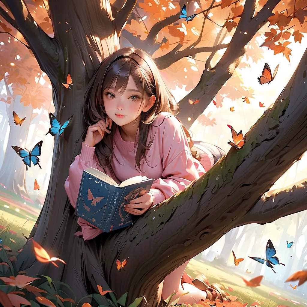 cute girl、Lean on a Big Tree and Read a Book、Butterflies and Fallen Leaves、HD、Highest quality、 realistic