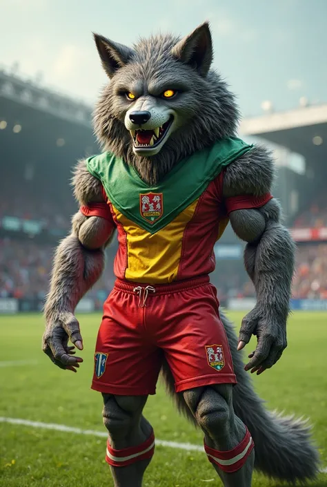 Create a mascot for my soccer team in 3D, he must be a werewolf and must be wearing red green and yellow sportswear and red shorts