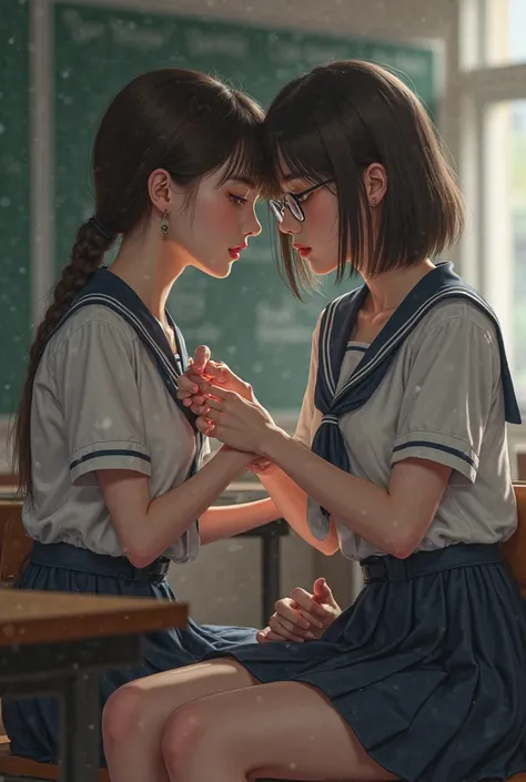  Schoolgirl in school uniform , sits next to the teacher in a, and the heat starts to unfasten the top 2 buttons, skirt and caresses the teacher's hands with glasses