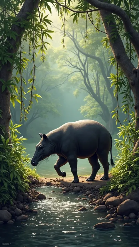 You find yourself standing at the edge of a forest clearing, with your hands resting on a sturdy vine. In front of you, a massive tapir emerges from the dense foliage, its dark, thick-skinned body standing out against the lush green backdrop. The tapir cal...