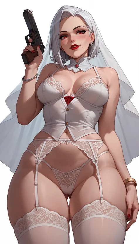 1 girl,solo,Ashe, overwatch,mole, garter belt,l,thong lingerie,sexy,wife veil, lace thigh highs, bracelets,big hips, very aesthetic body, standing, blush, white background, simple background,9:16,cartoon, holding one pistol, naughty face,red lipstick,red e...