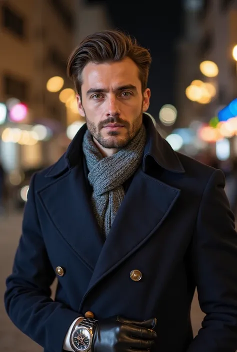 
A striking man with brown eyes, pale skin, and a square jawline. His light brown hair is neatly combed back. He wears a tailored wool coat in navy blue over a crisp white shirt and scarf. Accessories include a silver wristwatch and leather gloves. The blu...