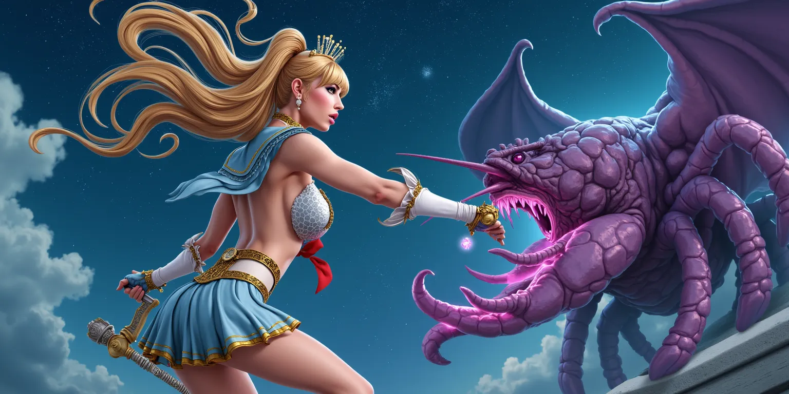 Magical sailor (gorgeous woman, sexy magical sailor scout outfit, golden gem encrusted weapon, gorgeous highly stylized hair, comet celestial sign theming) confident, determined, she strikes fighting poses facing her foe. Her foe is a dark (Lobster| alien|...