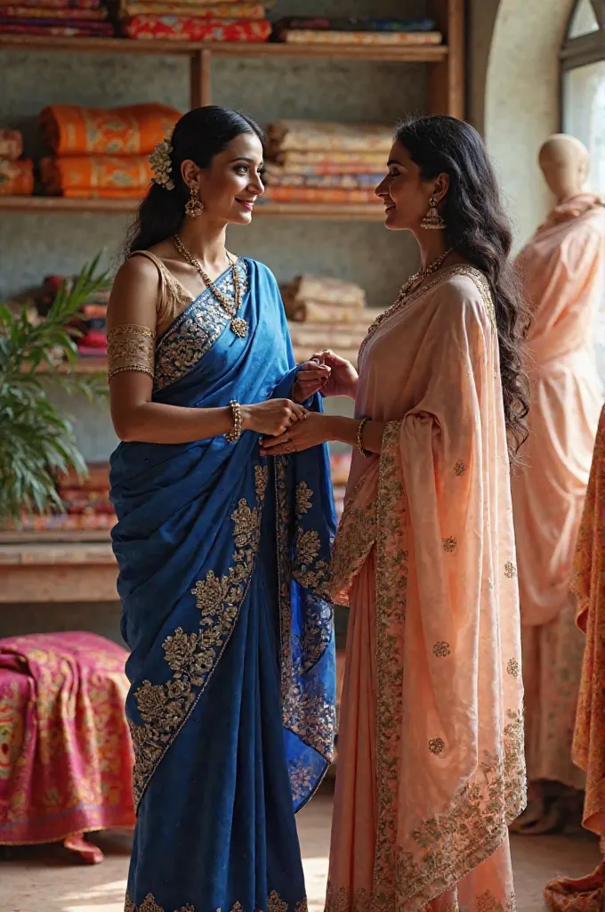 Shama, wearing a stunning royal blue saree with intricate silver embroidery, gestures gracefully as she holds a luxurious silk saree up for Nirmala to admire. Nirmala, in a soft peach saree with gold embroidery, watches intently, her eyes filled with admir...