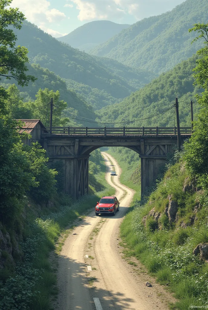 
There are two roads. Route 1 has an old wooden bridge. The other is Dindaeng Road, where one car is driving.