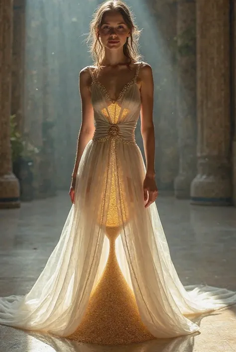 The young lady is standing, in a softly illuminated setting, with an impressive dress that seems to have come out of a science fiction tale. The dress is shaped like an hourglass, with a perfectly adjusted silhouette at the top, that extends delicately to ...