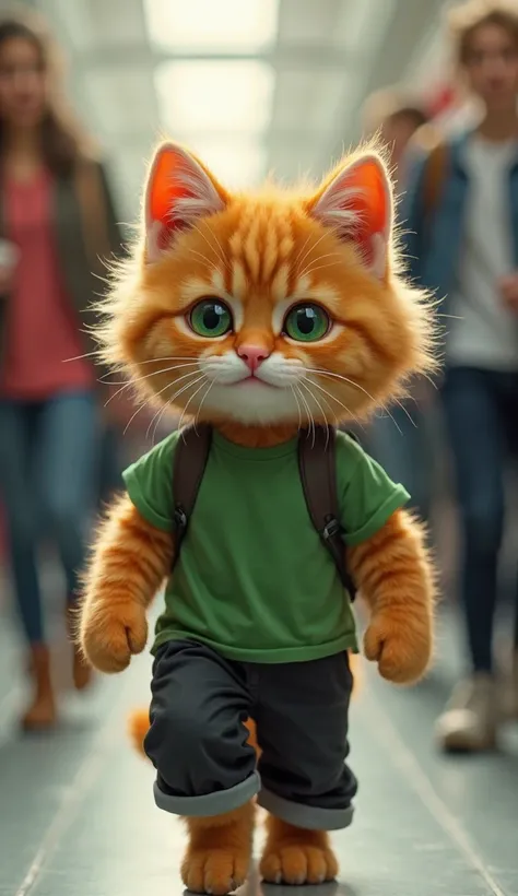 image from the side of a fluffy orange fluffy anthropomorphic kitten with green eyes with a happy facial expression. He is wearing a green t-shirt and black pants rolled up at the bottom, walking through the school. This cat has a serious and confident exp...