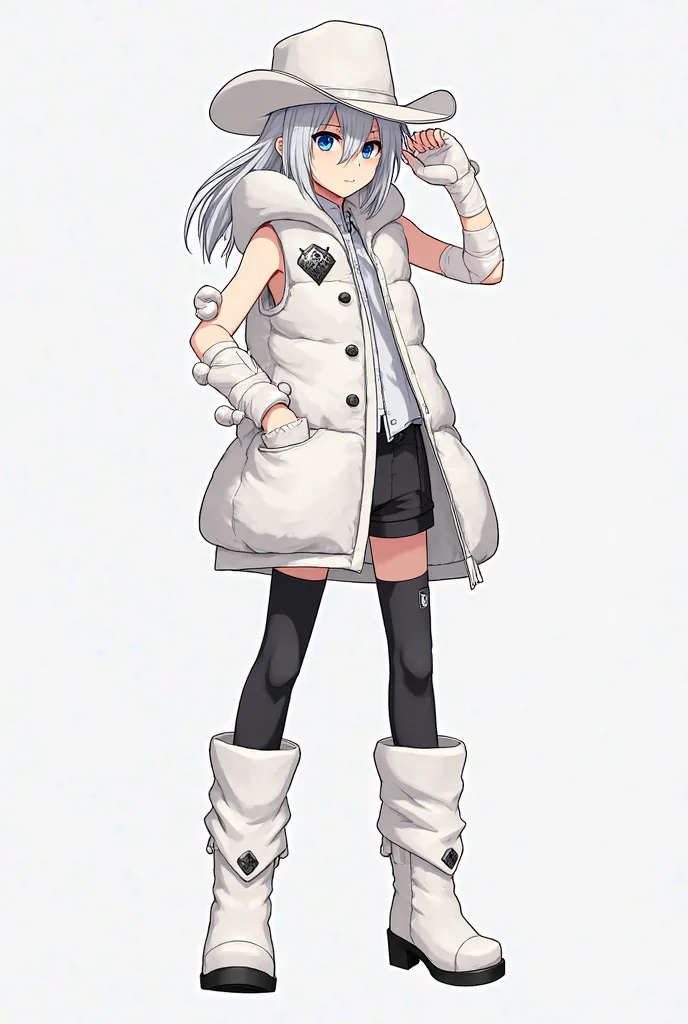 Male anime  , light skin tone , blue eyes ,  white cowboy hat  , white hair with male colleague , sleeveless white puffer jacket ,  bandages on the arms  , white high boots with black base and gray brooches