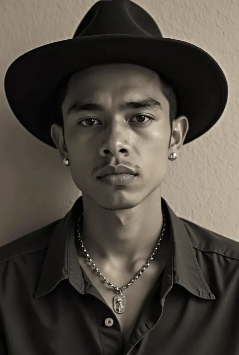 there is a man with a black hat and a necklace, picture, desaturated!!, potrait, at instagram, ayan nag, caio santos, ismail,  profile picture, ramil sunga, old picture, profile pic, with accurate face, wlop : : 5, foto realista, foto, close up potrait, al...