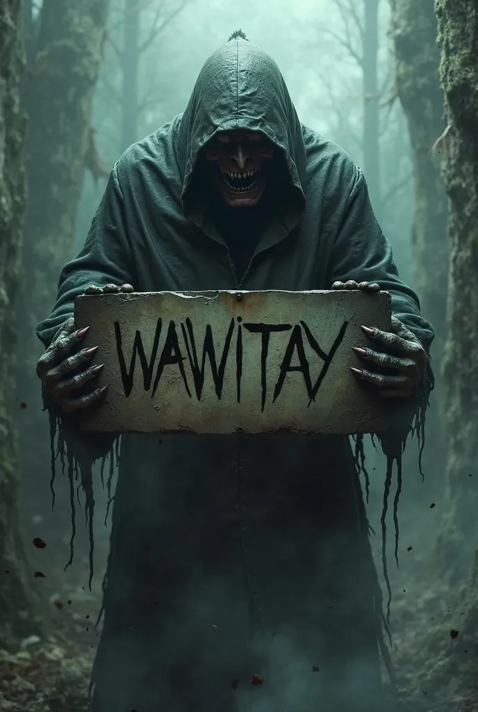 TERRIFIER SEEN FROM BEHIND CLUTCHING A SIGN WITH THE TEXT WAWITAY