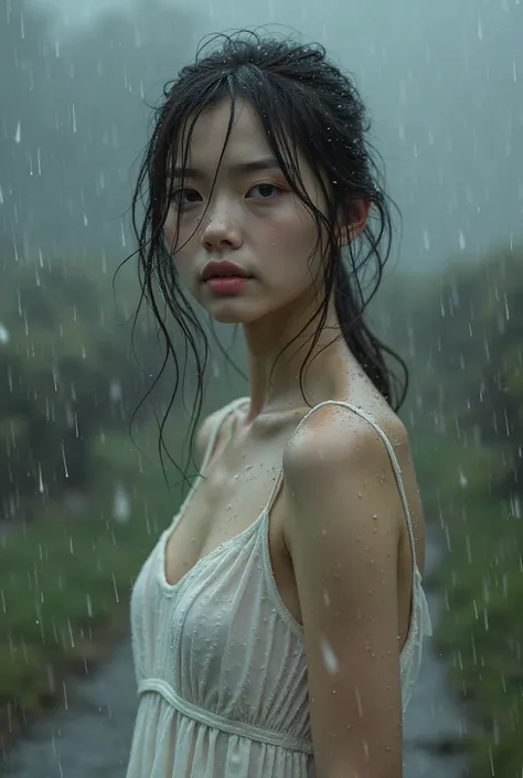 Beautiful girl standing in the rain wearing a soaked white dress while it sticks to her skin and her looking up to the sky