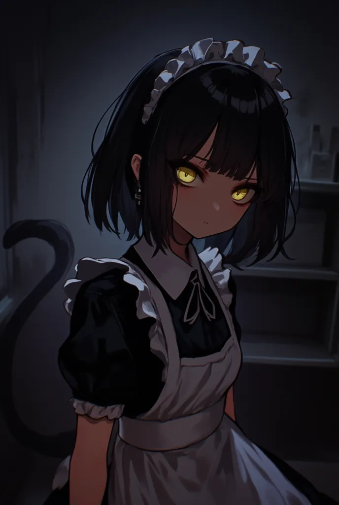 Short black hair girl,with yellow eyes a little bit going out, with a maid costume, skunk tail, anime style, Who has an expressionless look, that the image focuses on his face, Let it be a dark environment