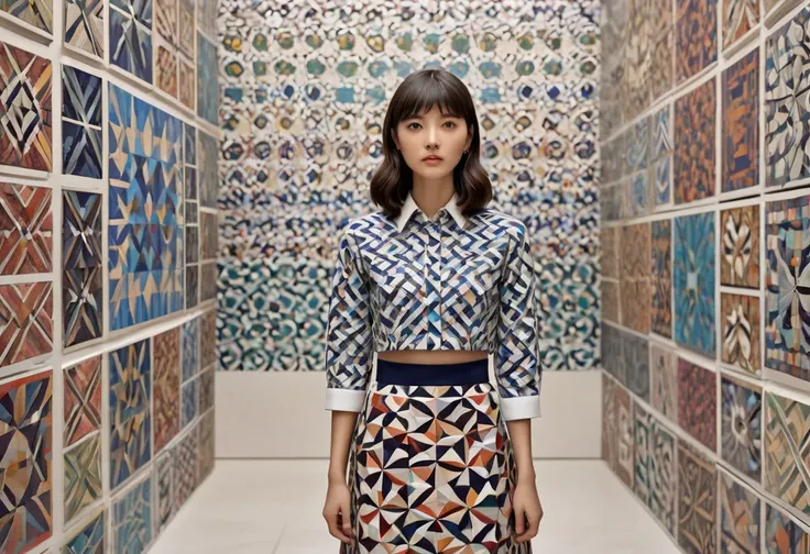 Close up of a card box with a pattern, standing in front of a wall Very geometric in a skirt and shirt , Mosaic pattern,  about art,  repetitive pattern , Multiplayer Set Piece  :9,  Thick Squares and Large Arrows ,  sharp geometric square ,   symmetrical ...