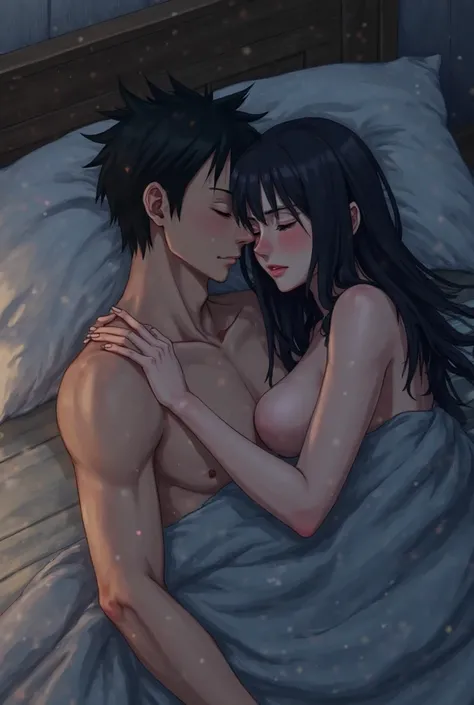 A man with short black hair is shirtless lying on a bed, embracing a woman with long black hair, she is also shirtless but the cover covers their bodies. The woman has her head on his shoulder. They are sleeping, The bedroom light is dim because it's night...