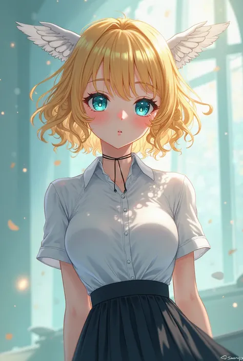 a girl with large breasts, wide cyan eyes, Short curly yellow hair, have 2 small white wings in her head, Wearing a white shirt, black skirt, and black heels, anime art style 