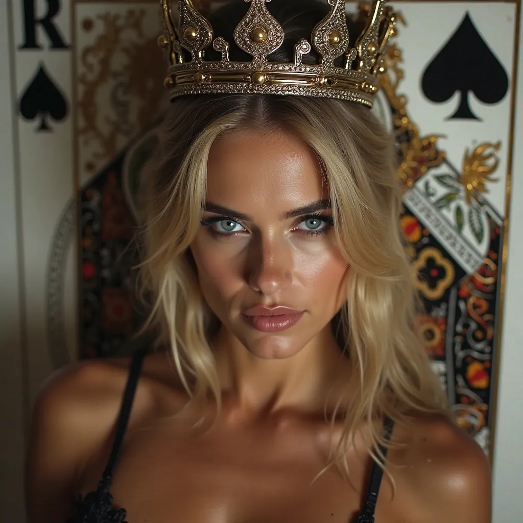 A woman with a tanned complexion, smooth hair up to her shoulders, white, blond, with sexy blue eyes, wearing a crown with a queen of spades card in the background.. 