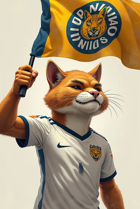 An animated male puma, with the shirt of the UNAM Pumas sports club, in white white with Gold , holding a flag of the UNAM Pumas sports club , with tears in her eyes, crying 