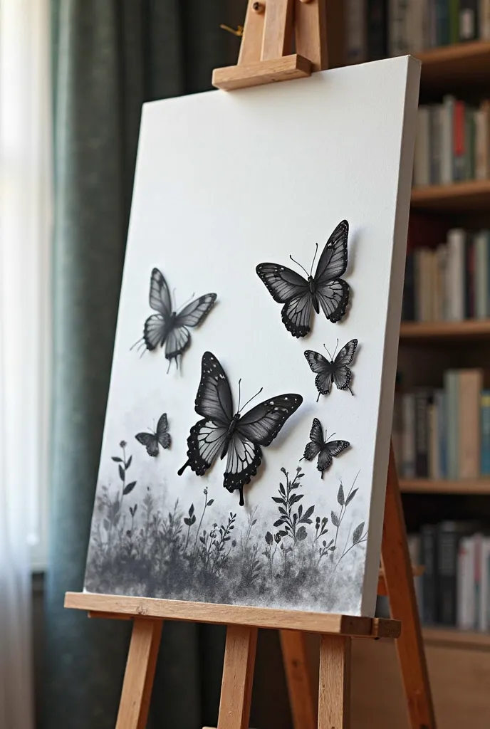 I want you to make an easel where there is a picture drawn butterflies in gray and black colors together with a landscape , That this object is in a room but that it is not there a bed, only a desk and a bookshelf , , that has every color except the painti...