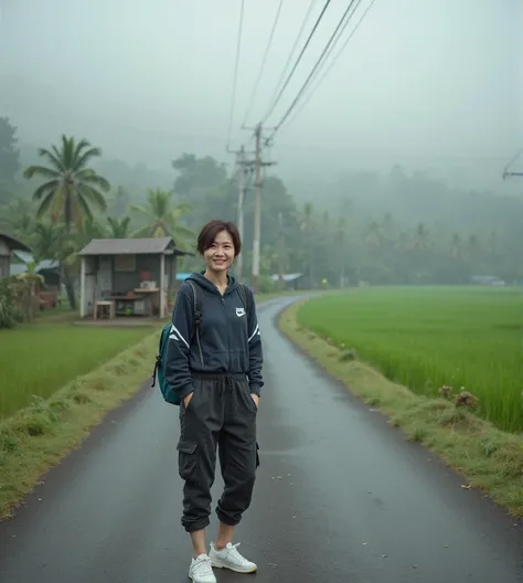 Cinematic photorealistic A peaceful village atmosphere on a foggy morning, with expanses of lush green rice fields stretching into the distance, framed by towering coconut trees and banana plants, while a small village hut selling local produce stands besi...