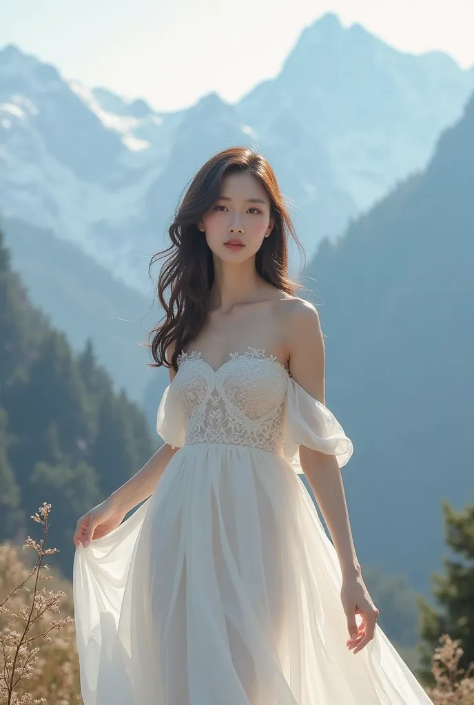 Korean girl model with a small and beautiful bust with a tender face like a skinny full height posing near the mountains