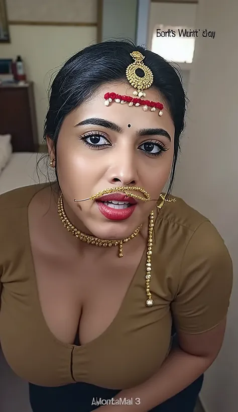 Pov camera view, Indian milf on her knees, looking at camera, with lust in her eyes, black hair tied around, flowers in head,sandal mark on forehead, sindhur on forehead (vermilion mark on forehead in the middle of hair partition,black saree , dark red lip...