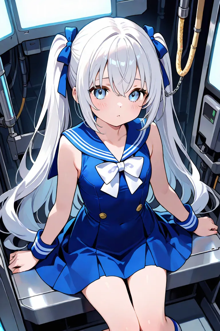 A girl in a sailor suit is detained by a machine