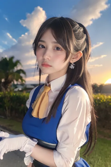 Japanese woman like an idol , long hair ,  black hair,round face ,bust up ,medium breasts, masterpiece, Highest quality, 1 girl,  above default ,  above Decorati has , cross earrings, blue dress,  Orange Ascot , white shirt, white gloves, blue null, cloud,...