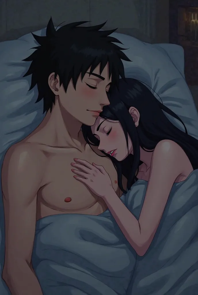 A man with short black hair is shirtless lying on a bed, embracing a woman with long black hair, she is also shirtless but the cover covers their bodies. The woman has her head on his shoulder. They are sleeping, The bedroom light is dim because it's night...