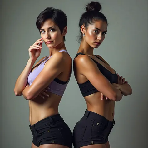 Real life. Photo shoot. Two european women stand back-to-back in a gym. The woman on the left has short dark pixie hair and mature face. She wears a light purple sleeveless top and dark shorts. She has her arms crossed, with one hand near her face. The wom...