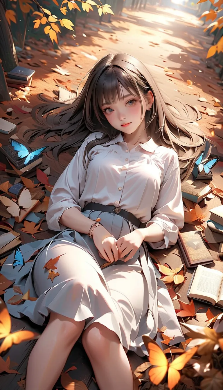 Pretty Girl、 books、Butterflies and Fallen Leaves、HD、Highest quality、 realistic