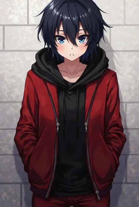 yuzuru nishimiya, short hair, blue eyes, black hair, hair between eyes,
jacket, open clothes, pants, hood, open jacket, hoodie, red jacket, red pants, track pants,