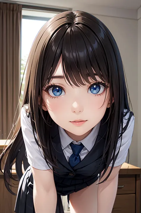  8k resolution,((Highest quality)),Ultra High Definition, Adult Female,  alone,  sexy, (A sharp expression), ( blue eyes),  beautiful symmetrical face , ( long black hair),black office suit in front of a desk,tight skirt with juniors,realistic:1.4,realisti...