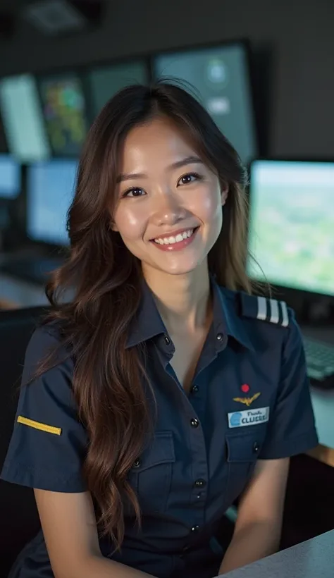 a 40 years old Thai women with brown long hair. She's wearing a sexy aviation uniform. She works as an air traffic controller. She is sitting in an air traffic control room . the room is quite dim. there's a spot light at her face.  she is smiling to the c...