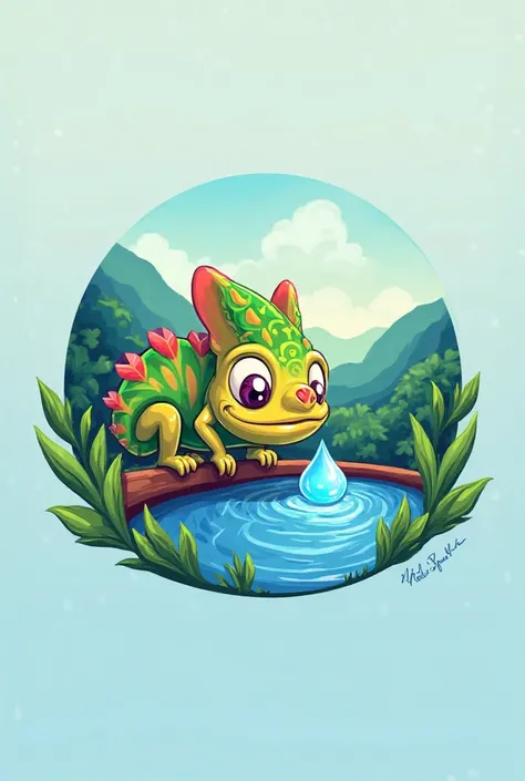 Create a logo for my watermark, where an animated chameleon appears drinking water, In the background landscape and a drop of water 