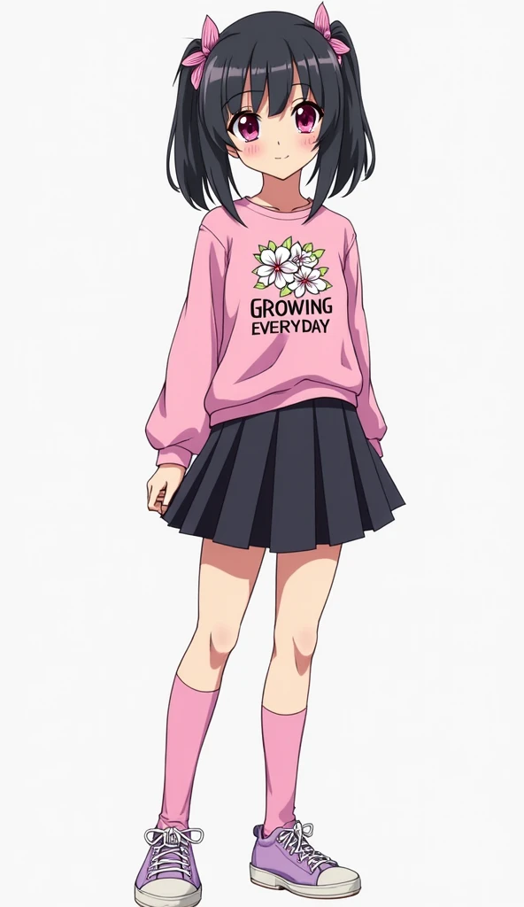 Japanese anime adolescent woman with medium long straight black hair with two ponytails and short locks and intense magenta eyes and wears a long sleeve t-shirt in pink with a design that includes white flowers with pink centers and green leaves. About the...