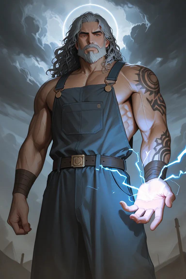 Create an image to be tattooed on the male front arm, Of Zeus holding his lightning in his hand and thunder in the sky