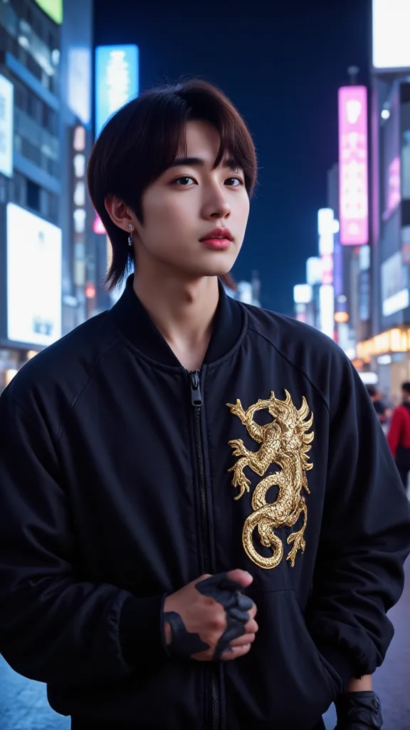 Best quality, masterpiece, Adjust the face to be more proportionate, using a handsome Korean K-pop male singer as a reference for the face, increase skin fairness further, mullet haircut, more prominently, stylish Korean K-pop idol, rapper style, wearing a...