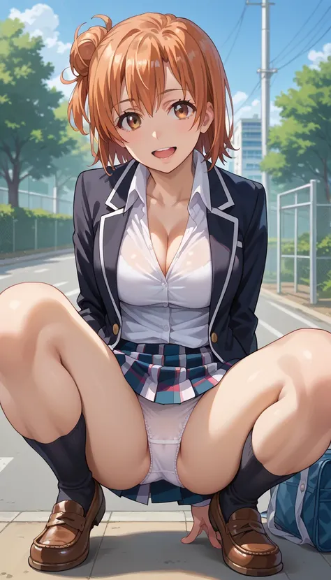 score_9, score_8_up, score_7_up, source_anime, 1girl, solo, 
yuiyuigahama, yui yuigahama, short hair, brown eyes, orange hair, hair bun, single hair bun,
mini skirt, shirt, school uniform, jacket, white shirt, black jacket, blazer, sobu high school uniform...