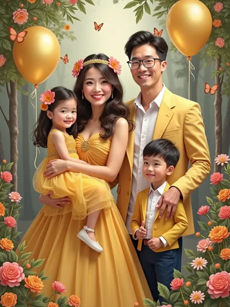 Real Pinay pinoy family pic women beautiful with ballgown yellow and daughter baby girl   with ballgown yellow and man handsome with attire and boy  with attire with flowers baloons butterflies 